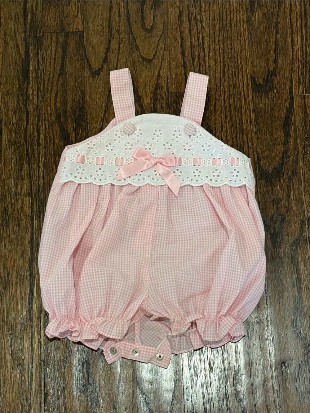 Vintage Pink Gingham Baby Girl Romper with Lace Trim 6 months